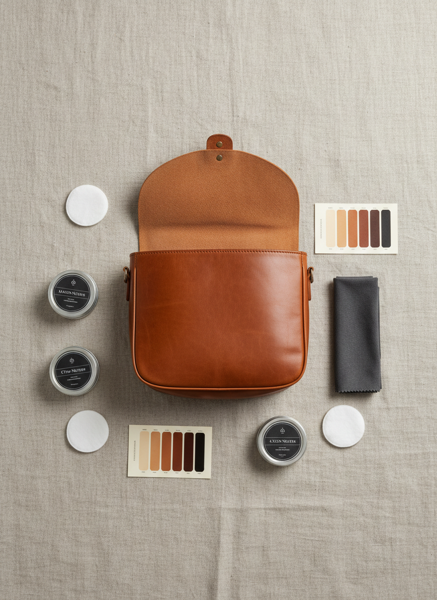 A meticulously arranged flat lay of a leather care ritual on a large sheet of untreated linen: at the center, a warm caramel leather satchel lies open, its flap gently curved, revealing a beautifully patinated interior. Around it radiate small, labeled tins of neutral wax, color charts on heavyweight paper, fine cotton pads, and a slim, folded microfiber cloth. Overhead, soft, diffused studio lighting creates an even glow with minimal shadow, allowing every texture—from the satchel’s grain to the linen’s weave—to be clearly visible. Shot directly from above with precise, graphic composition, the image feels methodical, sophisticated, and educational, perfectly suited to illustrating Maison Corium’s bespoke care protocols.