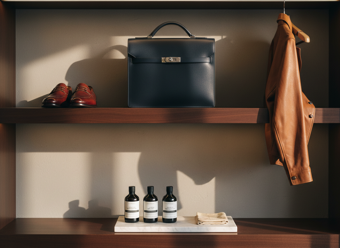 A curated shelf scene in a high-end leather care atelier, displaying an array of carefully arranged leather goods: a pair of burnished oxblood loafers, a structured navy briefcase, and a caramel leather jacket sleeve delicately draped over a wooden hanger edge. Below them, a marble tray holds understated bottles of conditioner, neutral cream, and a soft chamois cloth. The background is a matte, warm gray wall with subtle stucco texture. Gentle late-afternoon light filters across from the right, producing elongated, graceful shadows and a warm glow on the leathers. Photographed straight-on with sharp focus throughout, the composition is minimalist and orderly, evoking a serene, gallery-like atmosphere and photographic realism.