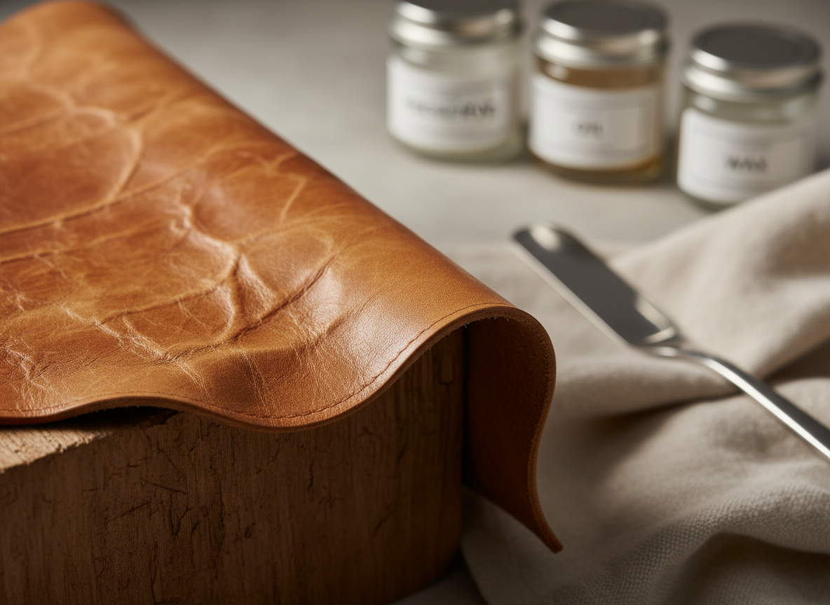 A close-up, almost abstract photographic study of a piece of vintage tan leather being gently flexed over the corner of a wooden block, revealing its natural creases, nuanced color variations, and fine edge finishing. Around it, out of focus, sit discreet glass jars labeled with subtle, minimal typography and a single silver spatula resting on a linen cloth. Warm, directional studio lighting from the upper left creates delicate specular highlights on the nourished leather surface and soft gradients in the shadows. Captured with extreme macro detail and a very shallow depth of field, the image feels intimate, tactile, and sensorial, embodying a sophisticated, minimalist aesthetic dedicated to material beauty and preservation.