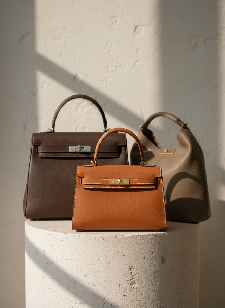 A structured still life of three luxury leather handbags in complementary neutral tones—warm cognac, deep chocolate, and soft taupe—arranged on a creamy stone pedestal in an elegant atelier. The grain of each leather is clearly visible, from smooth box calf to subtly pebbled hide, with meticulous stitching and polished metal clasps catching the light. Soft, diffused daylight enters from an unseen window, creating gentle highlights and long, refined shadows on the textured plaster wall behind. Shot at eye level with a shallow depth of field, the foremost bag in crisp focus and the others softly blurred, the photographic realism emphasizes craftsmanship, restraint, and a sophisticated, museum-like atmosphere.