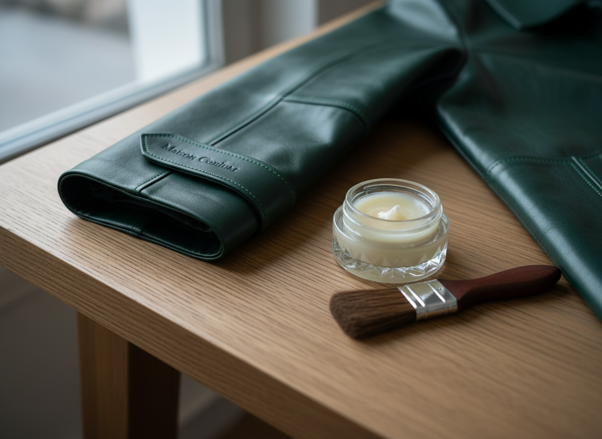 A richly detailed close-up of a supple, deep-emerald leather coat sleeve resting on a natural oak tabletop, with the cuff gracefully folded to expose impeccable edge dyeing and fine tonal stitching. Beside it lies a small, open crystal jar of translucent leather balm, its surface just lightly disturbed, and a narrow goat-hair brush with a polished wooden handle. Cool, diffused daylight from a nearby window glides across the scene, producing a soft sheen along the coat’s curves and gentle reflections in the crystal. Captured at a low, diagonal angle with a moderate depth of field, the image feels intimate, serene, and resolutely sophisticated, emphasizing Maison Corium’s meticulous garment care.