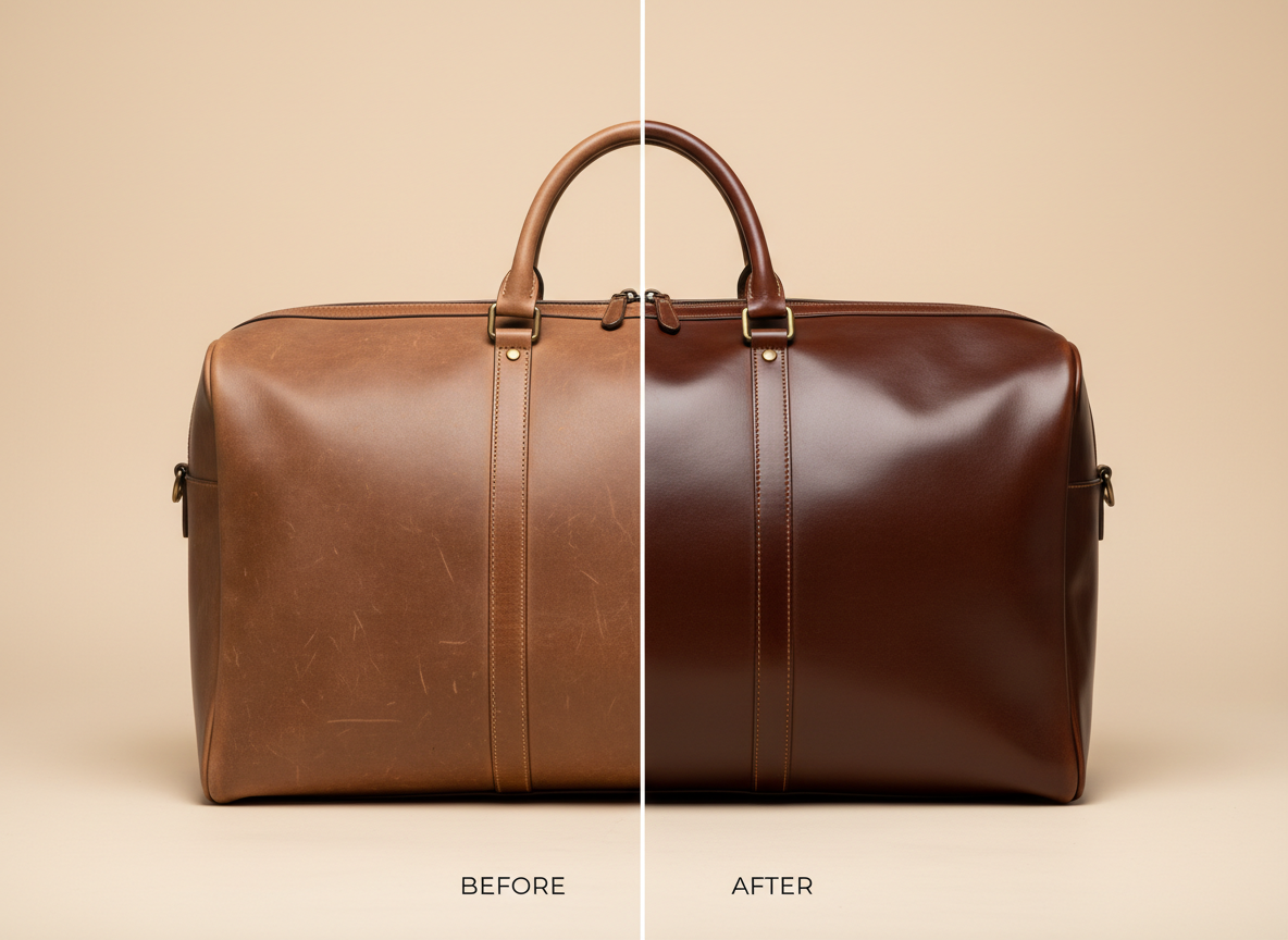 An elegant before-and-after composition of a single heritage leather travel bag placed on a seamless, pale beige backdrop. The bag is divided visually down the center: on the left, the leather appears dry, slightly faded, and gently scuffed; on the right, it is deeply nourished, color restored, and satin-smooth with a quiet sheen. No harsh damage, only subtle yet clear transformation. Overhead, soft-box studio lighting creates even, shadowless illumination that emphasizes the nuanced difference in texture and tone. Shot from a straightforward, mid-distance angle with symmetrical framing, the image feels clinical yet luxurious, highlighting precision restoration work in a clean, modern, photographic style.