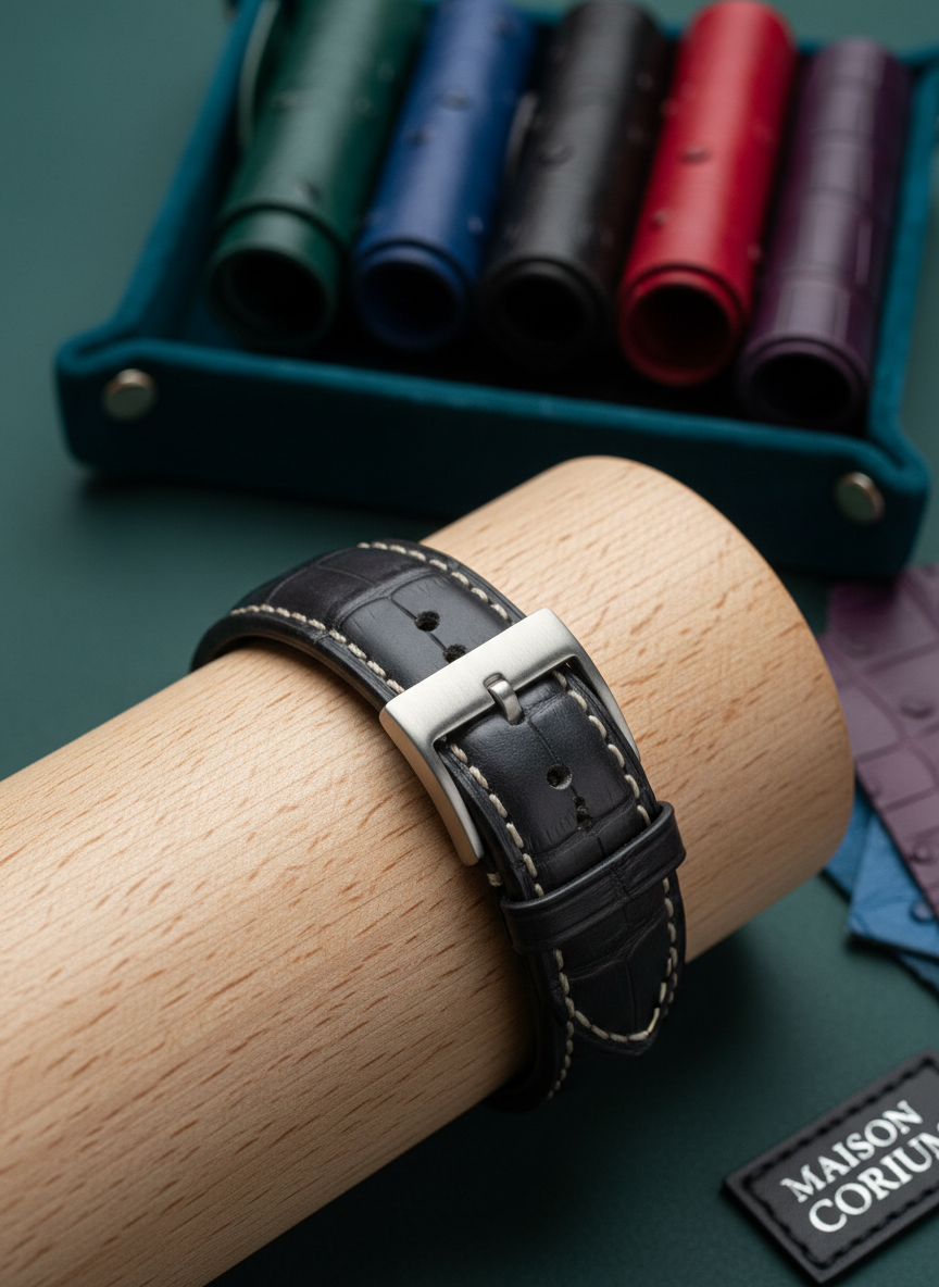 A refined macro shot of a luxury watch strap in dark, hand-stitched alligator leather, buckled around a smooth, cylindrical wooden form. The scales’ subtle variations and the expertly finished edges are in razor-sharp focus, while in the background, softly blurred, rests a small, velvet-lined tray holding other exotic leather swatches in muted jewel tones. Focused, cool-toned studio lighting from the side produces crisp, delicate highlights along the strap’s contours without harsh reflections. Framed tightly in a horizontal orientation with strong diagonal lines, the photographic realism underscores precision and rarity, conveying Maison Corium’s expertise with the most demanding and precious leathers.