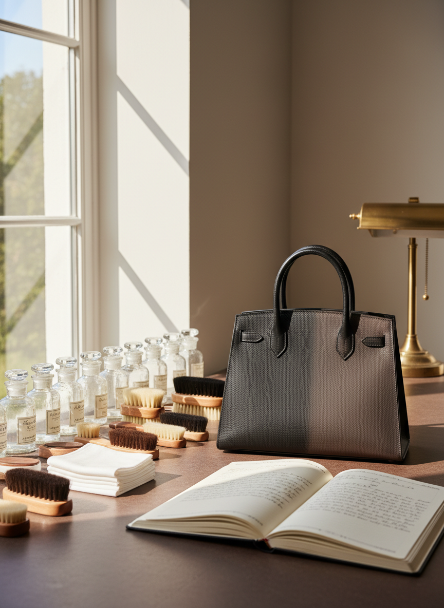 An immaculate leather care workbench in a refined workshop, featuring neatly aligned glass bottles of colorless balms, fine horsehair brushes, and folded cotton cloths beside an open notebook of handwritten care protocols. In the center rests a single black leather handbag with a velvety, even patina, half-treated so the left side glows subtly while the right remains matte and slightly dry. Natural north-facing light washes in from the side, producing soft, shadowless illumination that reveals every pore and stitch. The composition is balanced using the rule of thirds, photographed from a slightly elevated angle for clear visibility, conveying precision, calm concentration, and a quietly luxurious, documentary-style realism.