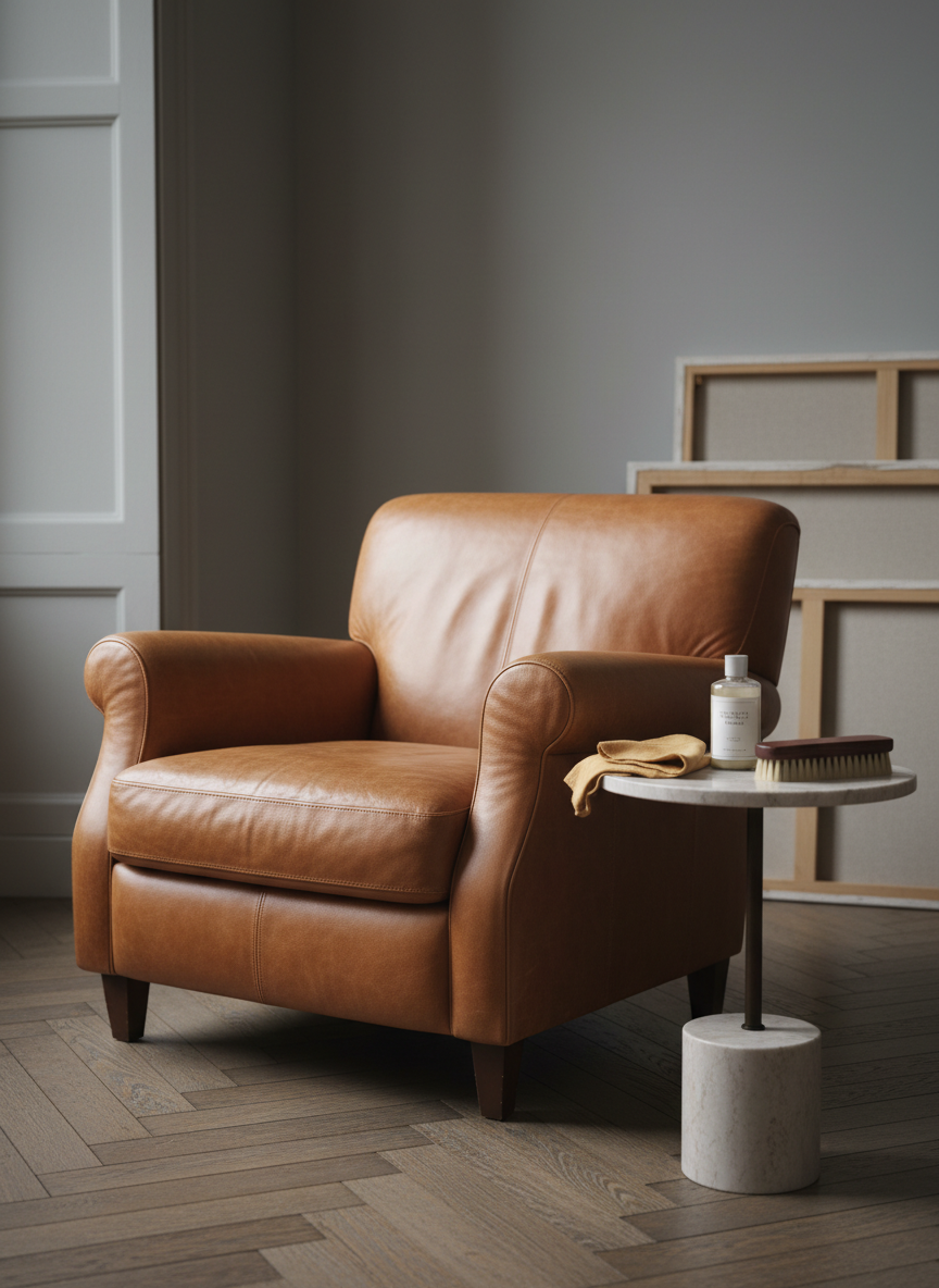 An atmospheric vignette of a classic leather armchair in warm, cognac tones, its aged but perfectly maintained surface showing a velvety, satin sheen and softened creases, positioned in a quiet corner of an atelier. A small side table in honed marble holds a neatly folded chamois cloth, a discreet bottle of nourishing milk, and a natural-bristle brush. Ambient daylight from a tall window outside the frame bathes the scene in soft, indirect light, creating a calm interplay of highlights and shadows on the chair’s curves. Photographed at eye level with a slightly wide framing to include a hint of herringbone wooden floor, the photographic realism and muted palette evoke timeless elegance and preservation of character.