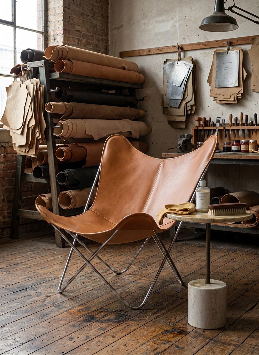 An atmospheric vignette of a classic leather armchair in warm, cognac tones, its aged but perfectly maintained surface showing a velvety, satin sheen and softened creases, positioned in a quiet corner of an atelier. A small side table in honed marble holds a neatly folded chamois cloth, a discreet bottle of nourishing milk, and a natural-bristle brush. Ambient daylight from a tall window outside the frame bathes the scene in soft, indirect light, creating a calm interplay of highlights and shadows on the chair’s curves. Photographed at eye level with a slightly wide framing to include a hint of herringbone wooden floor, the photographic realism and muted palette evoke timeless elegance and preservation of character.